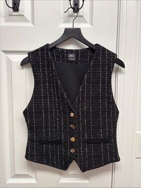ZARA Black Tweed Vest with Gold Buttons and Subtle White Windowpane
